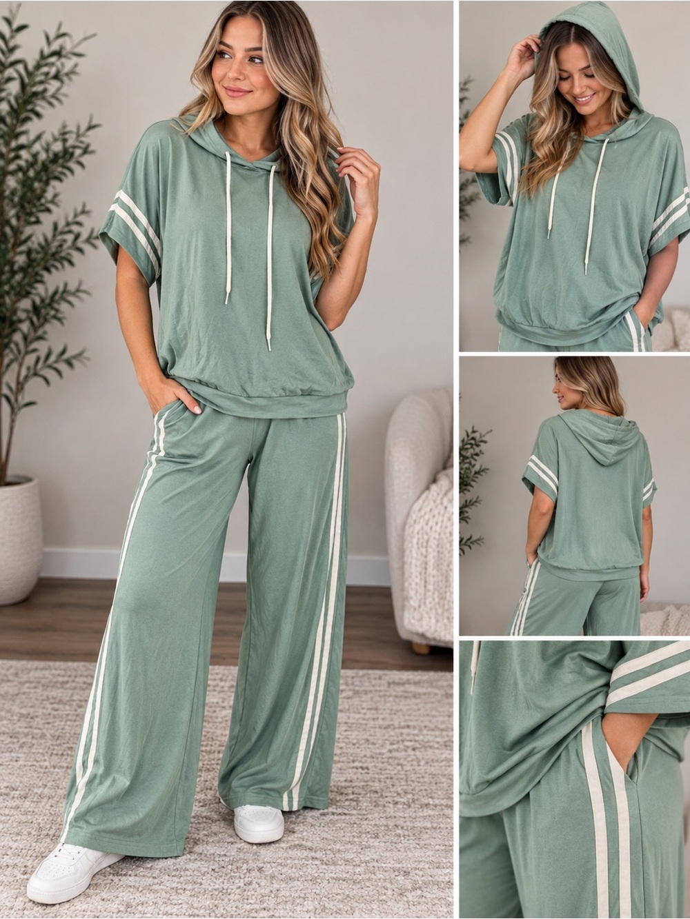 Relaxed Hooded Lounge Set - Sage Green